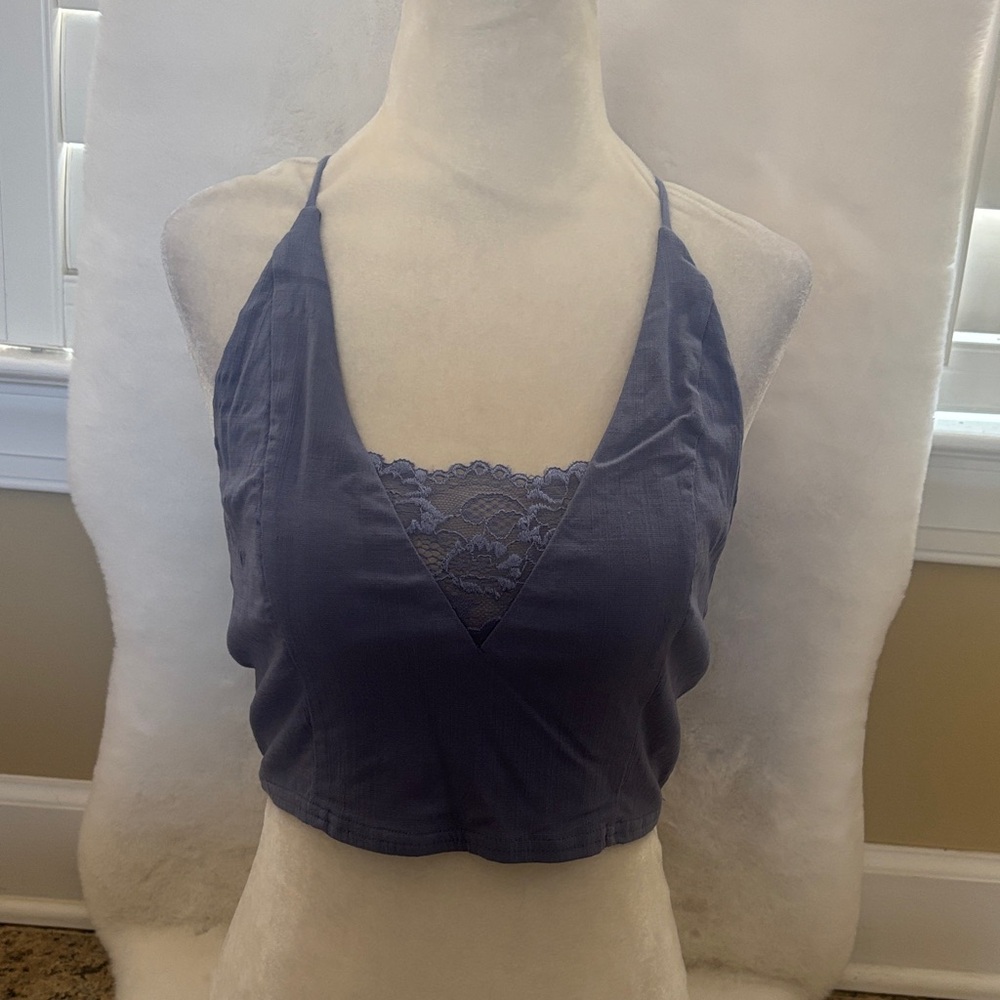 Free People Navy Blue Lace-Trim Cropped Cami